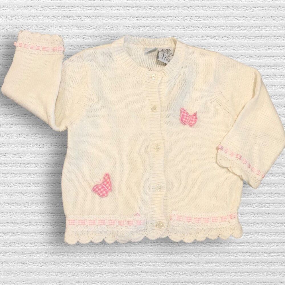 Vintage 24m Kids Play Sears Pink Butterfly White Button Front Cardigan NWT 90s
